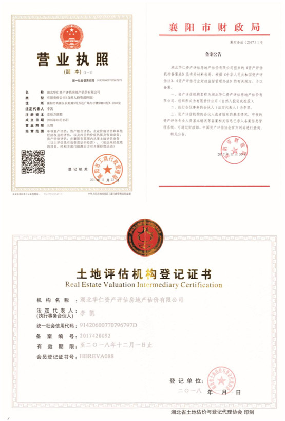 華仁資產(chǎn)評(píng)估房地產(chǎn)估價(jià)有限公司營業(yè)執(zhí)照、資產(chǎn)評(píng)估備案公告、土地評(píng)估機(jī)構(gòu)登記證書.jpg